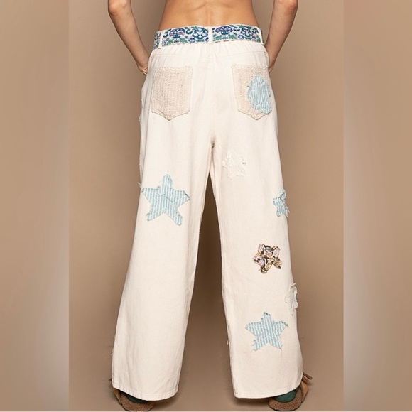 NEW - POL Oat Milk Denim Jeans with Crochet, Lace & Star Patchwork Details - Picture 3 of 3